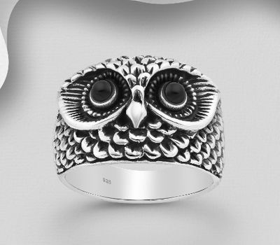 925 Sterling Silver Oxidized Owl Ring, Decorated with Resin
