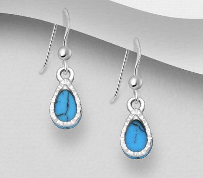 925 Sterling Silver Droplet Hook Earrings, Decorated with Reconstructed Stone or Resin