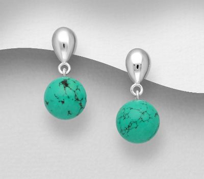 925 Sterling Silver Push-Back Earrings, Decorated with Reconstructed Turquoise