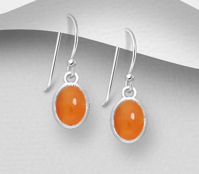 925 Sterling Silver Oval Hook Earrings, Decorated with Carnelian