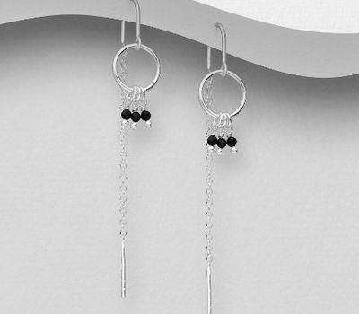 925 Sterling Silver Threader Earrings, Beaded with Black Agate
