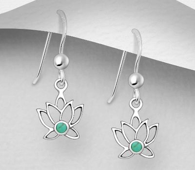 925 Sterling Silver Lotus Hook Earrings, Decorated with Reconstructed Stone or Various Colored Resins