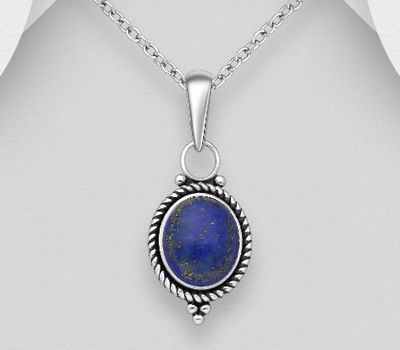 925 Sterling Silver Oxidized Pendant, Decorated with Reconstructed Sky-Blue Turquoise or Various Gemstones