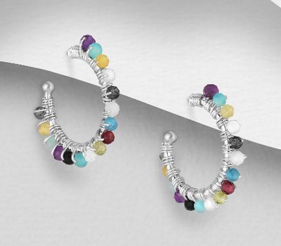 925 Sterling Silver Hoop Earrings, Beaded with Amazonite, Amethyst, Black Agate, Peridot, Rainbow Moonstone, Tourmaline and Yellow Opal