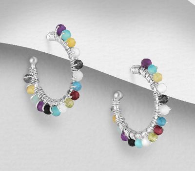 Şəkli böyütmək üçün tiklayın 925 Sterling Silver Hoop Earrings, Beaded with Amazonite, Amethyst, Black Agate, Peridot, Rainbow Moonstone, Tourmaline and Yellow Opal
