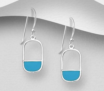 925 Sterling Silver Rectangle Hook Earrings, Decorated with Reconstructed Sky-Blue Turquoise