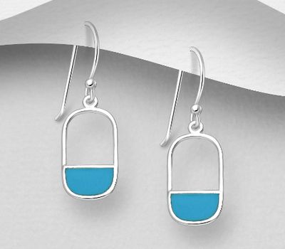Şəkli böyütmək üçün tiklayın 925 Sterling Silver Rectangle Hook Earrings, Decorated with Reconstructed Sky-Blue Turquoise