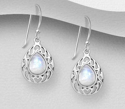 Şəkli böyütmək üçün tiklayın 925 Sterling Silver Droplet Hook Earrings, Decorated with Rainbow Moonstone