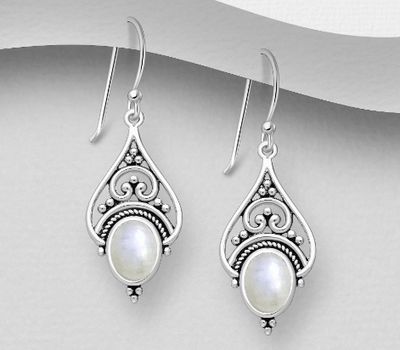 925 Sterling Silver Oxidized Swirl Hook Earrings, Decorated with Moonstone