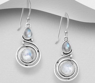 925 Sterling Silver Swirl Hook Earrings, Decorated with Rainbow Moonstones