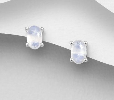 925 Sterling Silver Oval Push-Back Earrings, Decorated with Rainbow Moonstone