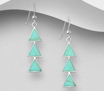 925 Sterling Silver Triangle Hook Earrings, Decorated with Reconstructed Turquoise