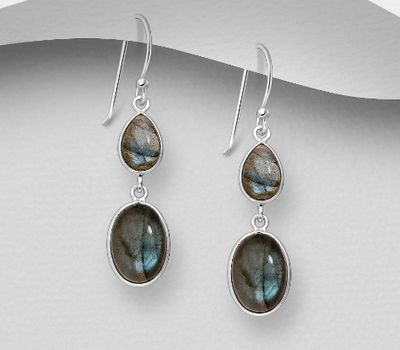 925 Sterling Silver Oval Hook Earrings, Decorated with Labradorite