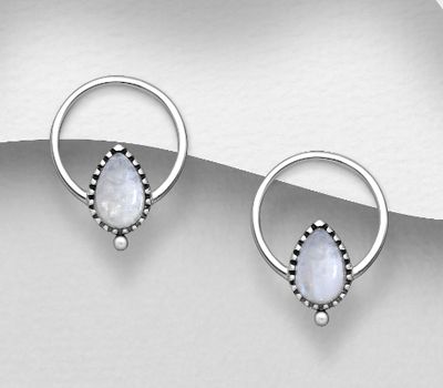 925 Sterling Silver Oxidized Droplet Push-Back Earrings, Decorated with Rainbow Moonstones