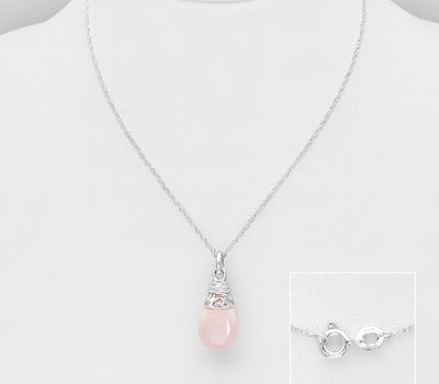 925 Sterling Silver Droplet Necklace, Decorated with Rose Quartz
