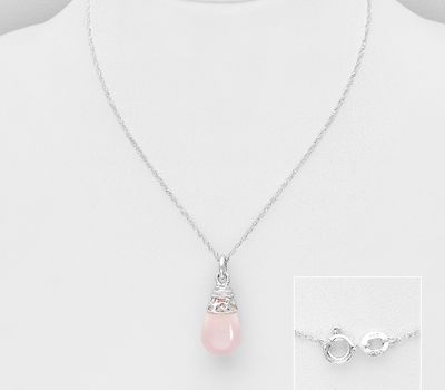 Şəkli böyütmək üçün tiklayın 925 Sterling Silver Droplet Necklace, Decorated with Rose Quartz