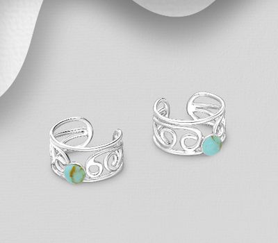 925 Sterling Silver Swirl Ear Cuffs, Decorated with Reconstructed Light Green Turquoise