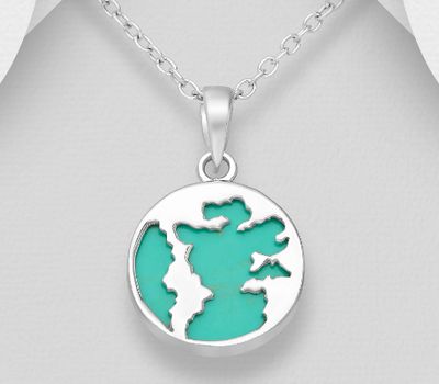 925 Sterling Silver World's Map Pendant, Decorated with Reconstructed Turquoise or VariousColored Resins
