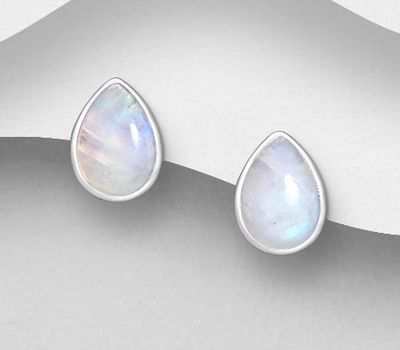 925 Sterling Silver Droplet Push-Back Earrings, Decorated with Rainbow Moonstone