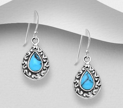925 Sterling Silver Oxidized Swirl Droplet Hook Earrings, Decorated with Reconstructed Turquoise