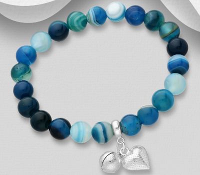 Şəkli böyütmək üçün tiklayın 925 Sterling Silver Bell and Heart Bracelet, Beaded with Gemstone Beads