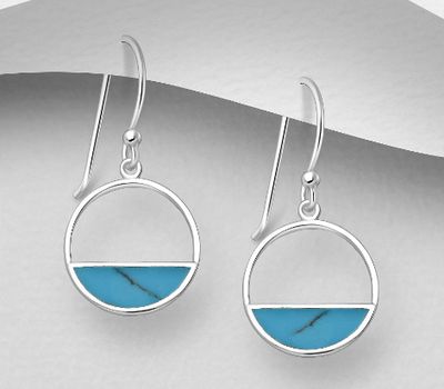 925 Sterling Silver Circle Hook Earrings, Decorated with Reconstructed Sky-Blue Turquoise