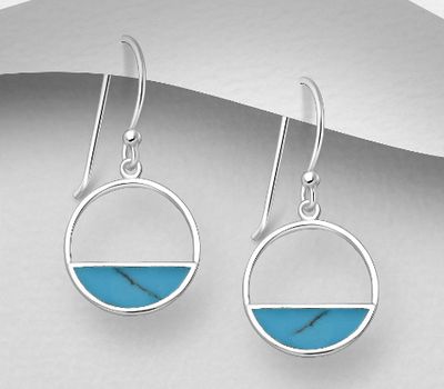 Şəkli böyütmək üçün tiklayın 925 Sterling Silver Circle Hook Earrings, Decorated with Reconstructed Sky-Blue Turquoise