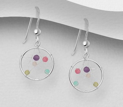 925 Sterling Silver Star Hook Earrings, Beaded with Amazonite, Amethyst, Peridot, Rainbow Moonstone and Tourmaline, Bead Colors may Vary.