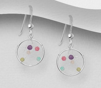 Şəkli böyütmək üçün tiklayın 925 Sterling Silver Star Hook Earrings, Beaded with Amazonite, Amethyst, Peridot, Rainbow Moonstone and Tourmaline, Bead Colors may Vary.