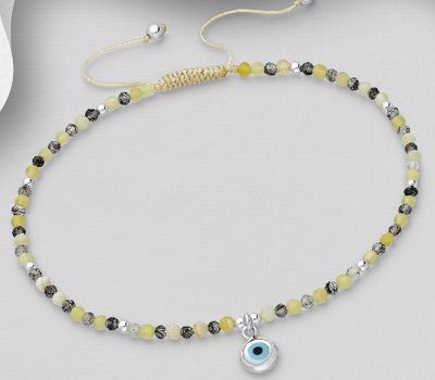 925 Sterling Silver Bracelet, Beaded with Black Rutilated, Yellow Opal and Shell