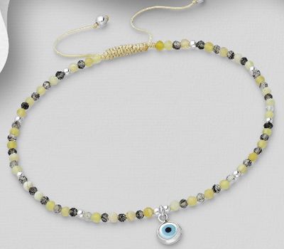 Şəkli böyütmək üçün tiklayın 925 Sterling Silver Bracelet, Beaded with Black Rutilated, Yellow Opal and Shell