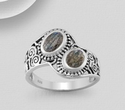 925 Sterling Silver Oxidized Ring, Decorated with Oval and Circle Labradorite