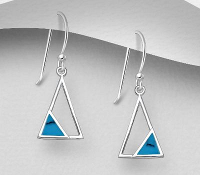 Şəkli böyütmək üçün tiklayın 925 Sterling Silver Triangle Hook Earrings, Decorated with Reconstructed Sky-Blue Turquoise
