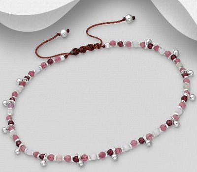 Şəkli böyütmək üçün tiklayın 925 Sterling Silver Bracelet, Beaded with Garnet, Pink Opal and Pink Tourmaline