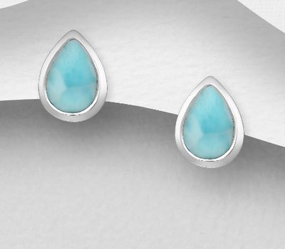 925 Sterling Silver Droplet Push-Back Earrings, Decorated with Larimar