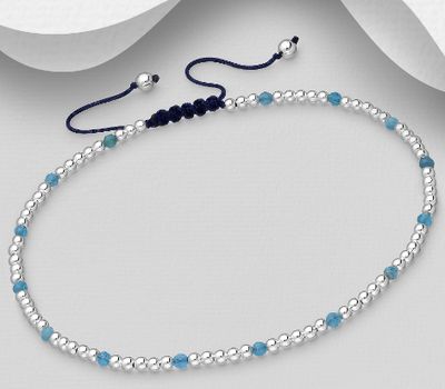 925 Sterling Silver Bracelet, Beaded with Blue Apatite