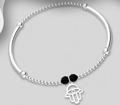 Şəkli böyütmək üçün tiklayın 925 Sterling Silver Ball and Hamsa Stretch Bracelet, Beaded with Onyx