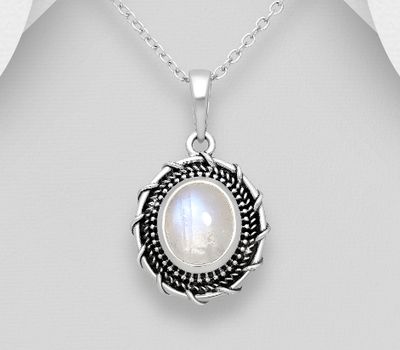 925 Sterling Silver Oxidized Pendant, Decorated with Rainbow Moonstone