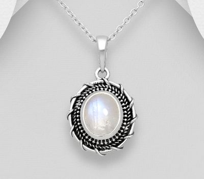 Şəkli böyütmək üçün tiklayın 925 Sterling Silver Oxidized Pendant, Decorated with Rainbow Moonstone