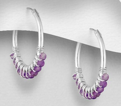 925 Sterling Silver Hoop Earrings, Beaded with Amethyst