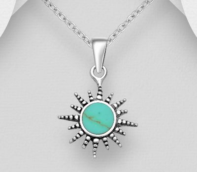 925 Sterling Silver Oxidized Sun Pendant, Decorated with Reconstructed Stone or Resin