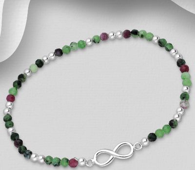Şəkli böyütmək üçün tiklayın 925 Sterling Silver Infinity Bracelet, Beaded with Ruby Zoisite