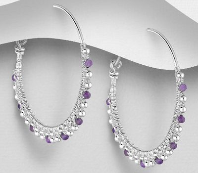 925 Sterling Silver Hoop Earrings,  Beaded with Various Gemstone Beads