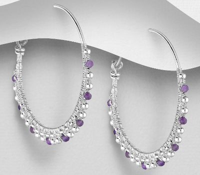 Şəkli böyütmək üçün tiklayın 925 Sterling Silver Hoop Earrings, Beaded with Various Gemstone Beads