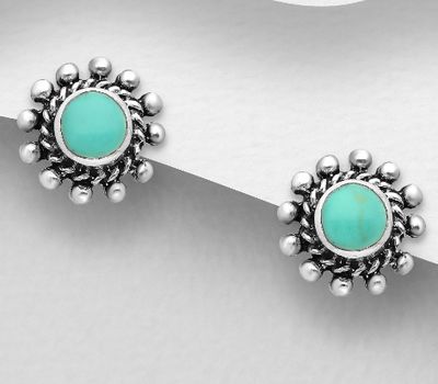 925 Sterling Silver Push-Back Earrings, Decorated with Reconstructed Turquoise