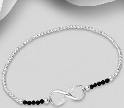 925 Sterling Silver Infinity Bracelet, Featuring Ball, Beaded with Gemstone Beads
