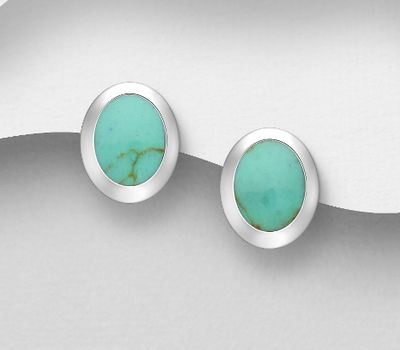 925 Sterling Silver Oval Push-Back Earrings, Decorated with Reconstructed Stone or Resin