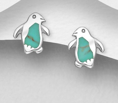 925 Sterling Silver Penguin Push-Back Earrings, Decorated with Reconstructed Stone or Resin