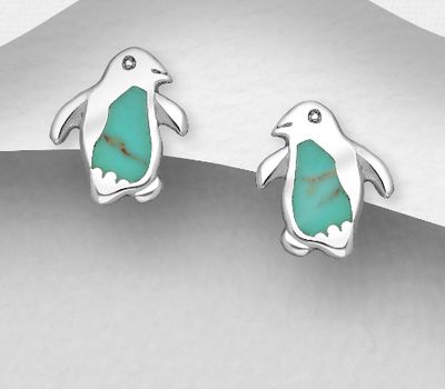 Şəkli böyütmək üçün tiklayın 925 Sterling Silver Penguin Push-Back Earrings, Decorated with Reconstructed Stone or Resin