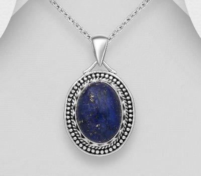 925 Sterling Silver Oxidized Oval Pendant, Decorated with Lapis Lazuli
